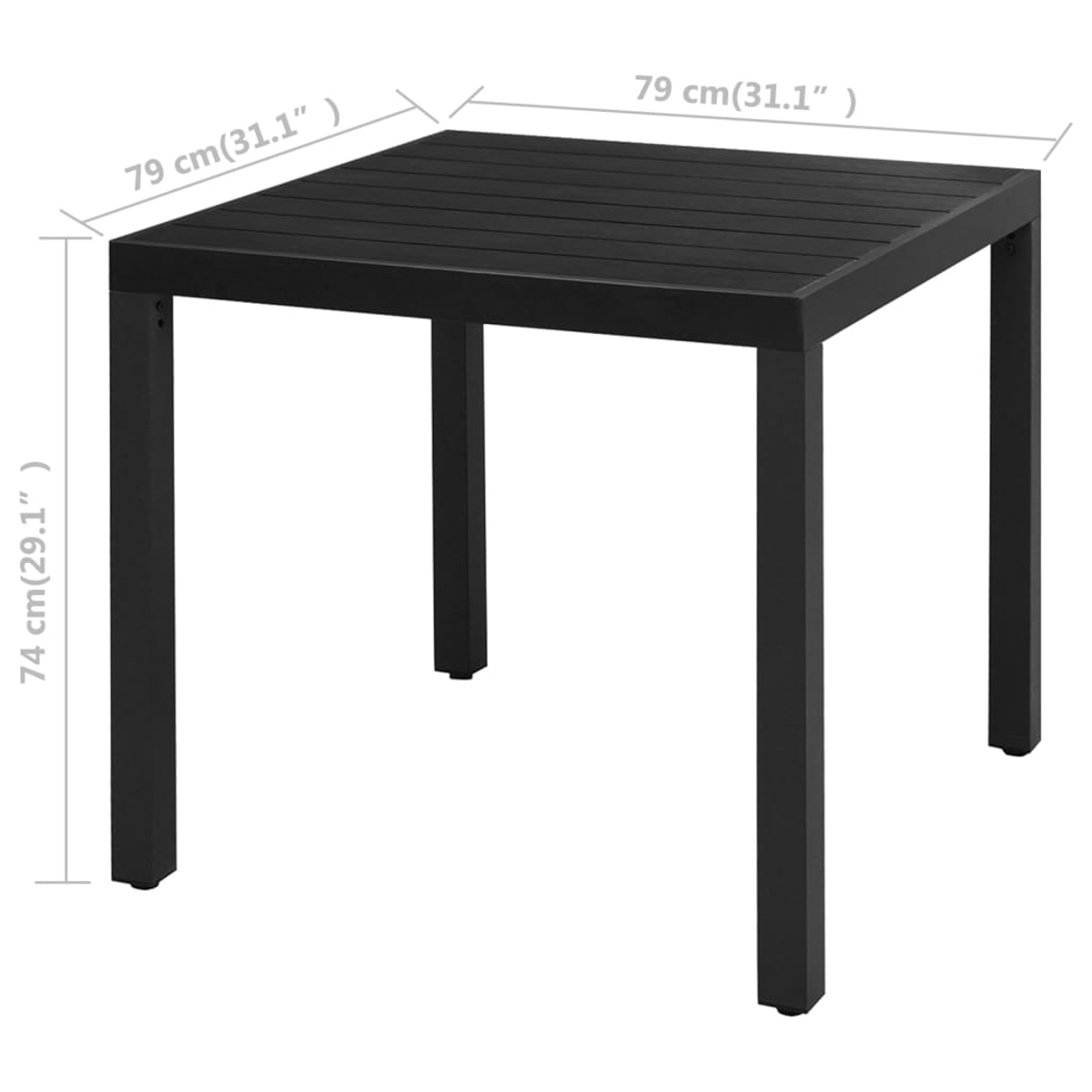 Ein schwarzer quadratischer Tisch mit vier Beinen vor weißem Hintergrund. Abmessungen: 79cm x 79cm x 74cm.