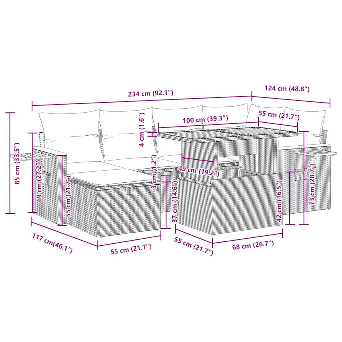 Ein geflochtenes Outdoor-Ecksofa mit in Zentimetern und Zoll beschrifteten Abmessungen. Es umfasst einen Tisch und Kissen.