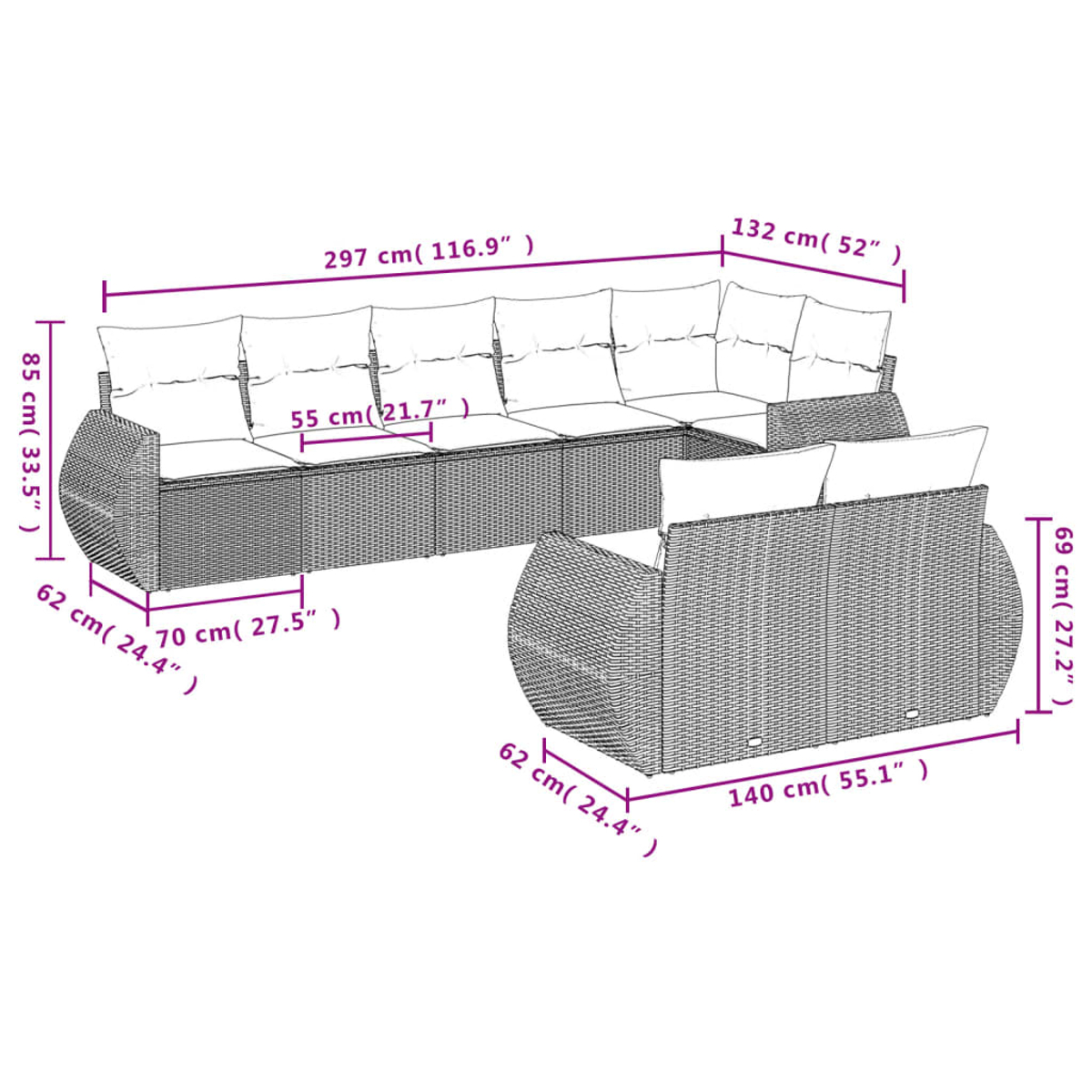 Un set di divani da esterno in vimini con dimensioni etichettate in centimetri e pollici. Include un divano grande e un divano più piccolo.