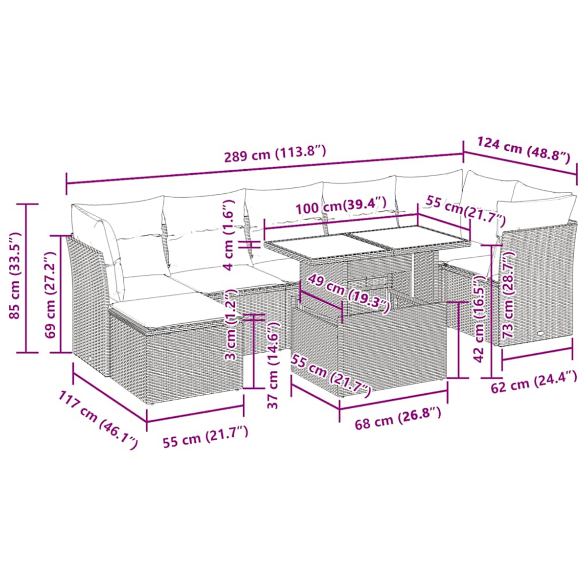 Un set di mobili da esterno in rattan è mostrato con le dimensioni. Include un divano, un tavolo e una sedia, tutti con cuscini.
