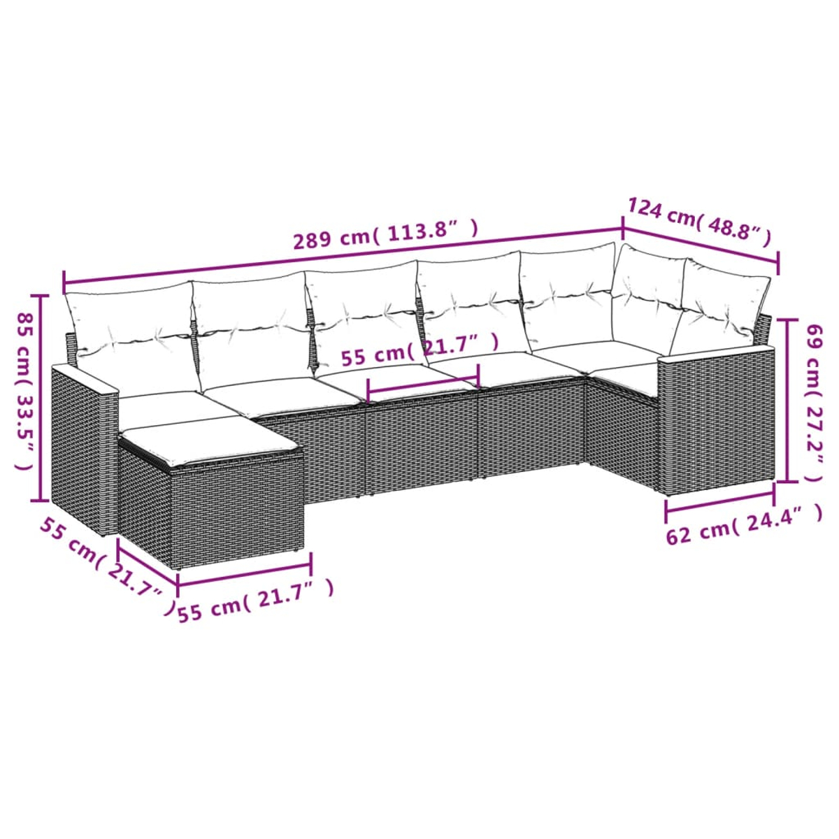 Geflochtenes Ecksofa mit Größenangaben in cm und Zoll.