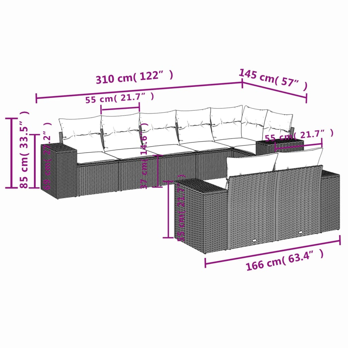 Diagramm eines Outdoor-Sofas mit Abmessungen in cm und Zoll. Es hat Kissen und einen gewebten Rahmen.