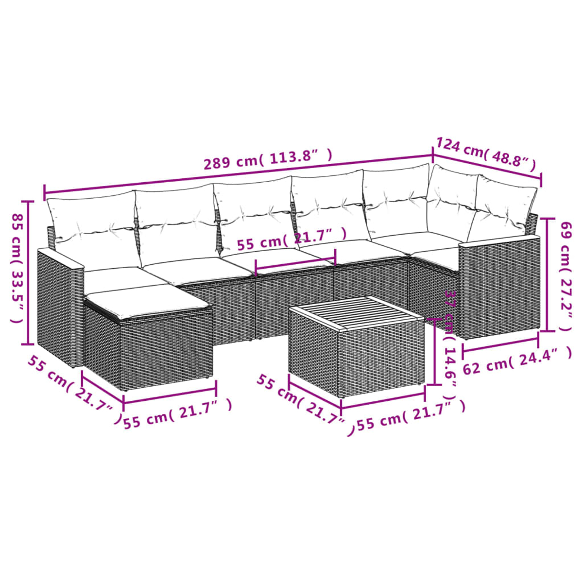 Ein graues Rattan-Ecksofa mit weißen Kissen und einem passenden quadratischen Couchtisch. Abmessungen sind in cm und Zoll angegeben.