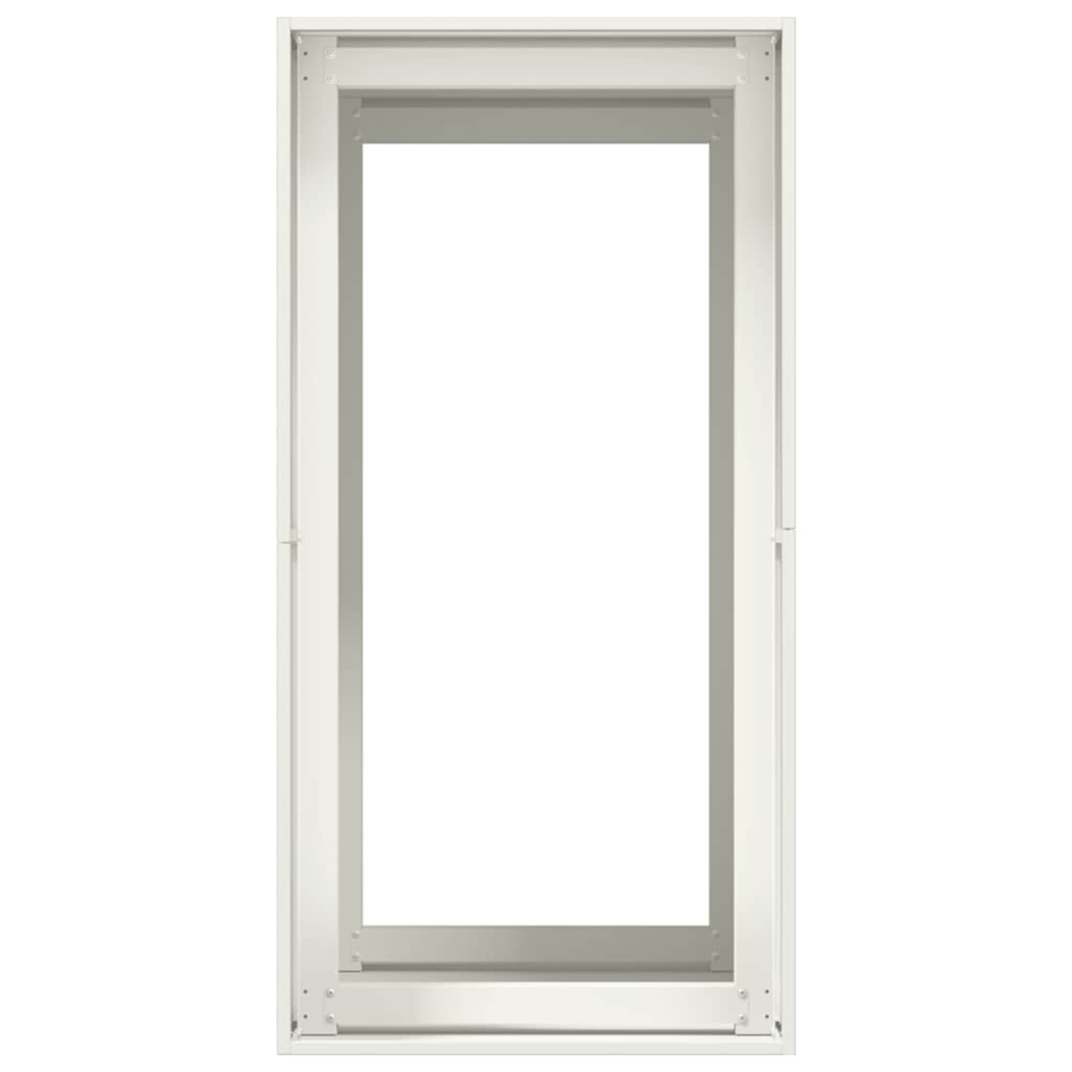 Un telaio finestra rettangolare, bianco sporco, circonda un vuoto bianco. L'hardware metallico è visibile. I bordi sono dritti.