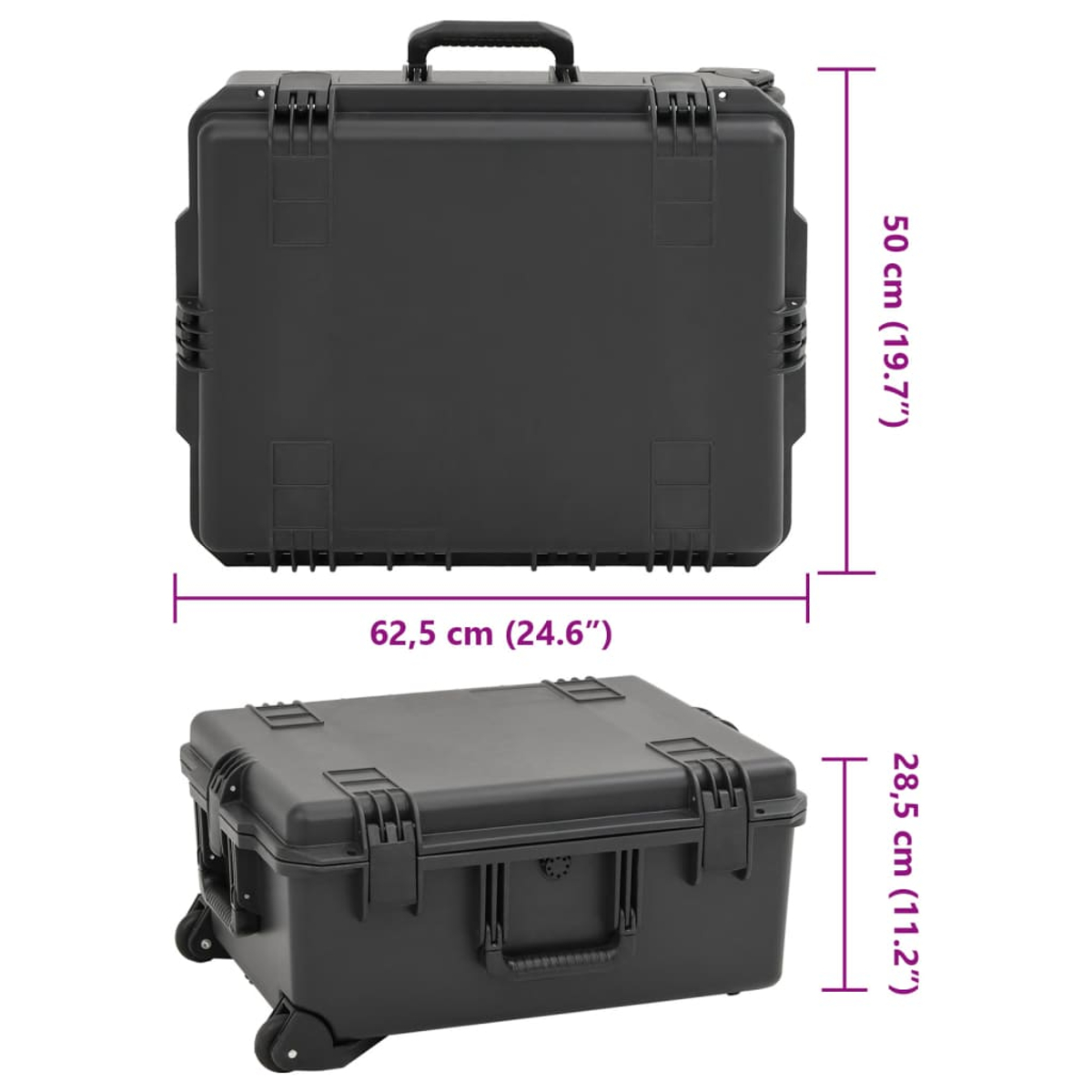 Schwarzer Hartschalenkoffer mit Griff und Rädern. Abmessungen: 62,5 cm (24,6"), 50 cm (19,7") und 28,5 cm (11,2").