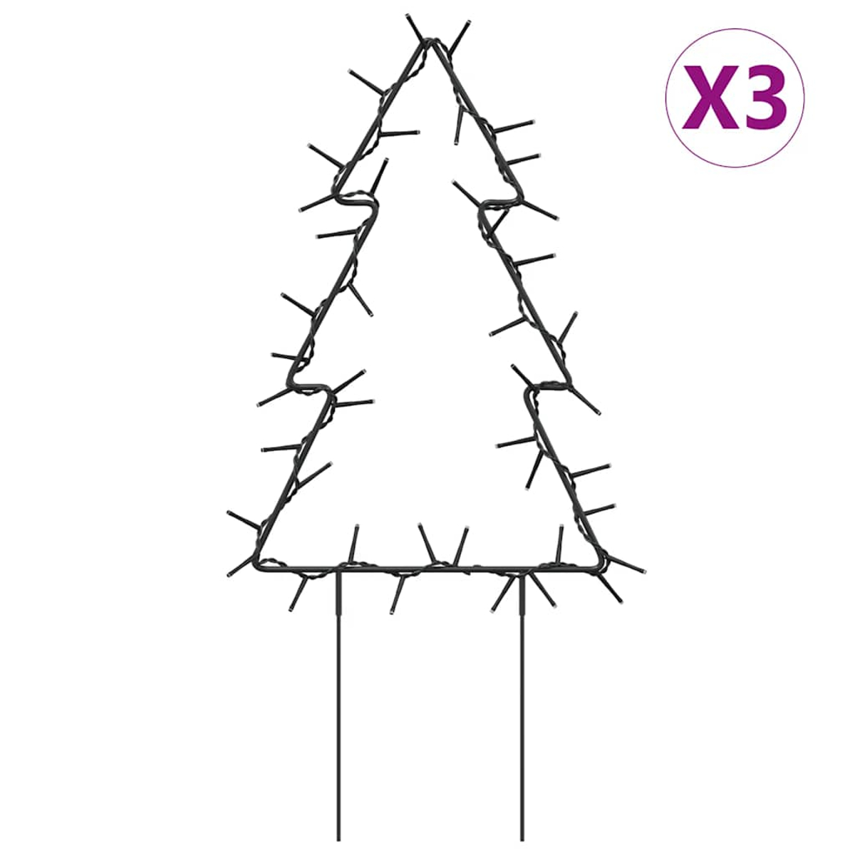 Schwarzer Metall-Weihnachtsbaum-Umriss mit Lichtern, Stützpfählen und X3-Symbol in einem lila Kreis auf weißem Hintergrund.
