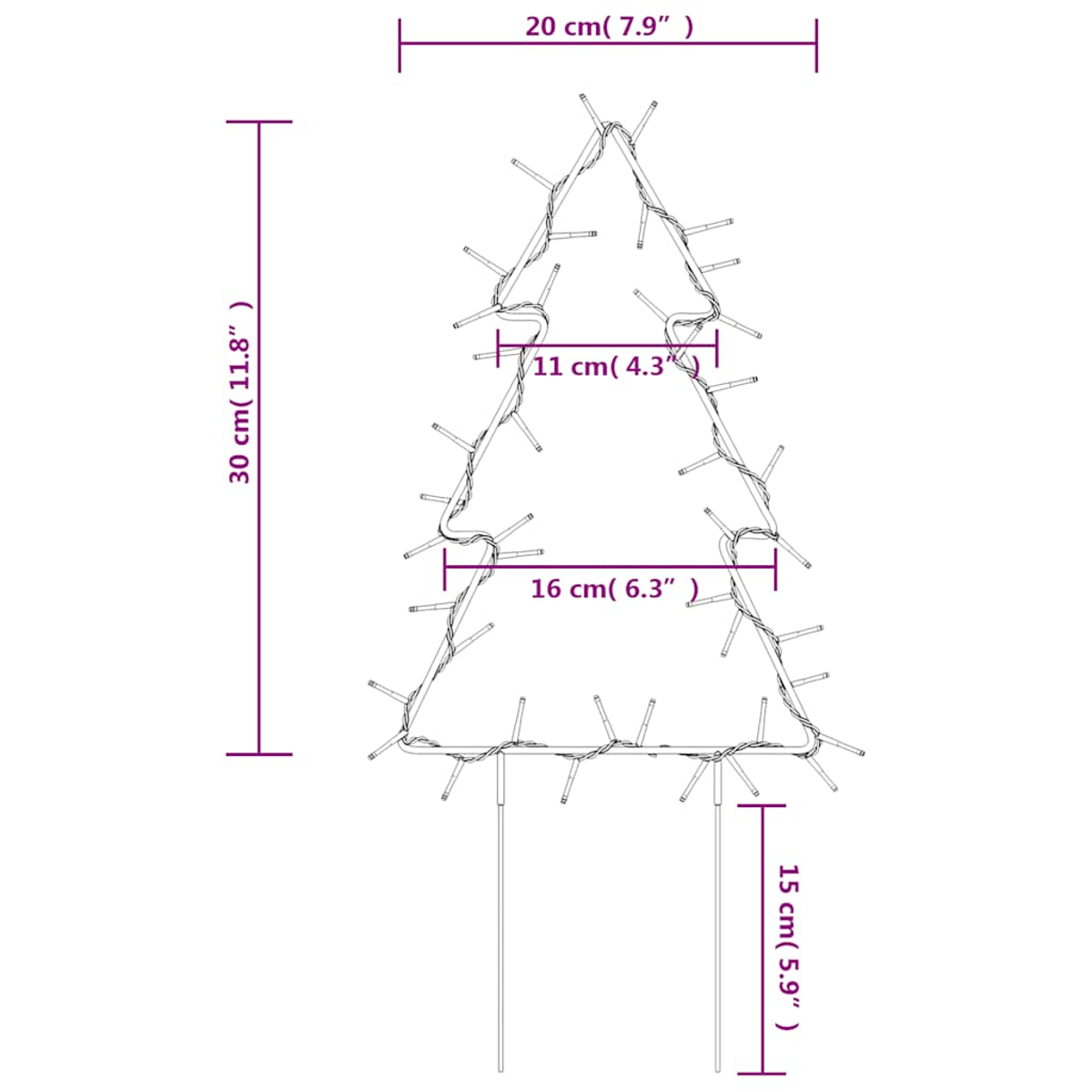 Metall-Weihnachtsbaum-Dekoration mit Lichtern. Abmessungen sind beschriftet: 30 cm, 20 cm, 11 cm, 16 cm und 15 cm.