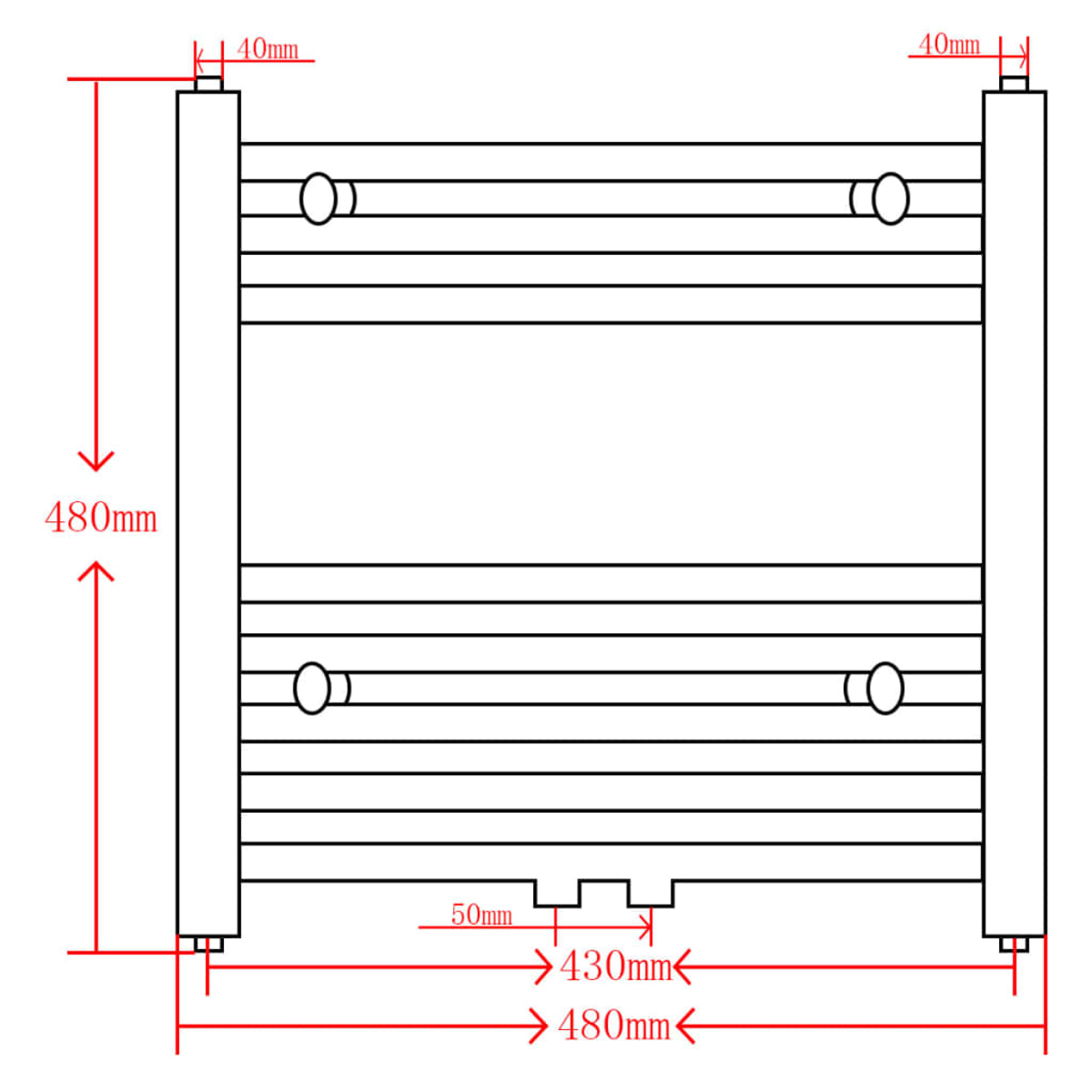 Diagramm eines rechteckigen Objekts mit Abmessungen. Horizontale Balken sind mit vertikalen Säulen verbunden. Maße in mm angegeben.