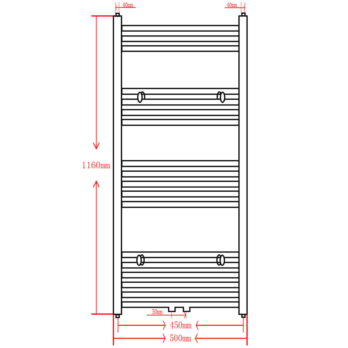 Eine schematische Darstellung eines Handtuchwärmers. Er ist mit Abmessungen und Maßen in Millimetern gezeichnet. Die Höhe beträgt 1160 mm, die Breite 450 mm.