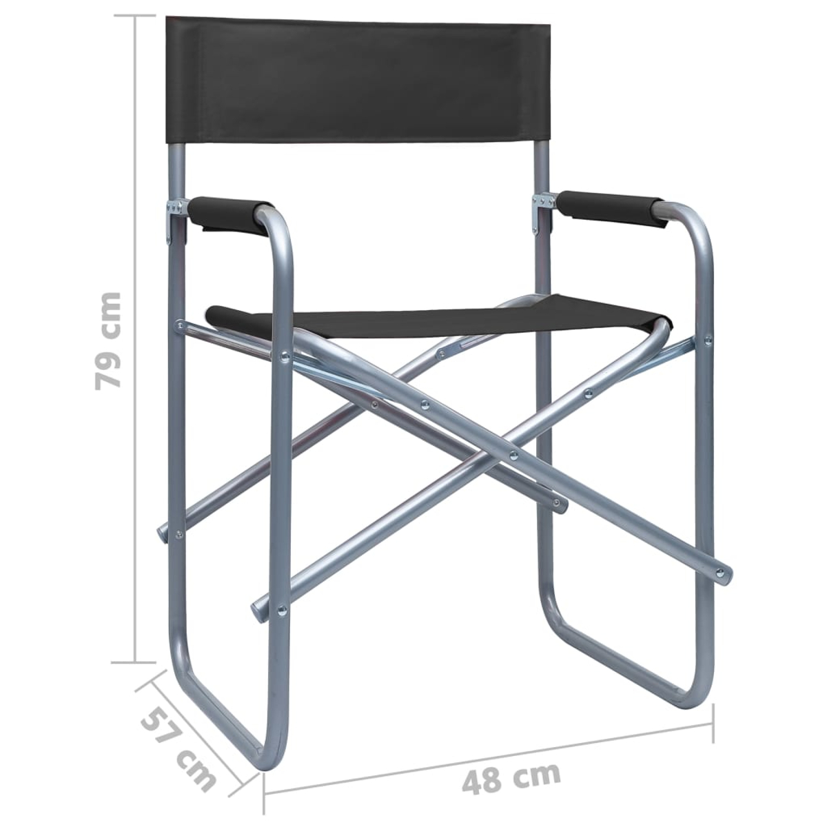 Ein schwarzer und silberner Regiestuhl. Die Abmessungen sind beschriftet: 79 cm hoch, 57 cm breit und 48 cm tief.
