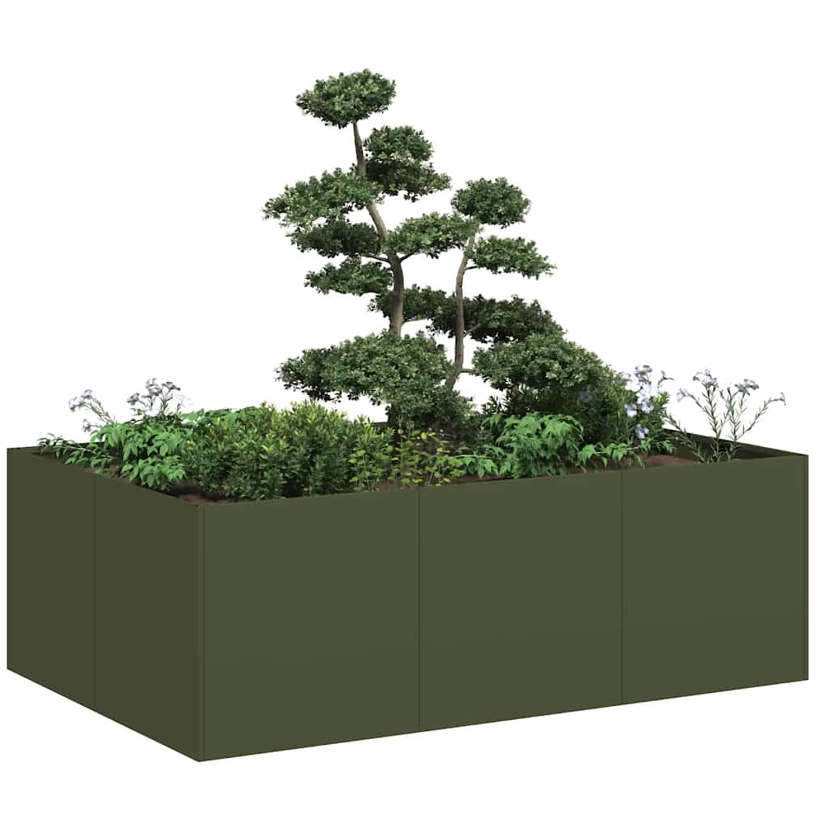 Una fioriera rettangolare verde oliva contiene un alberello, cespugli verdi e fiori bianchi e verdi. È su sfondo bianco.