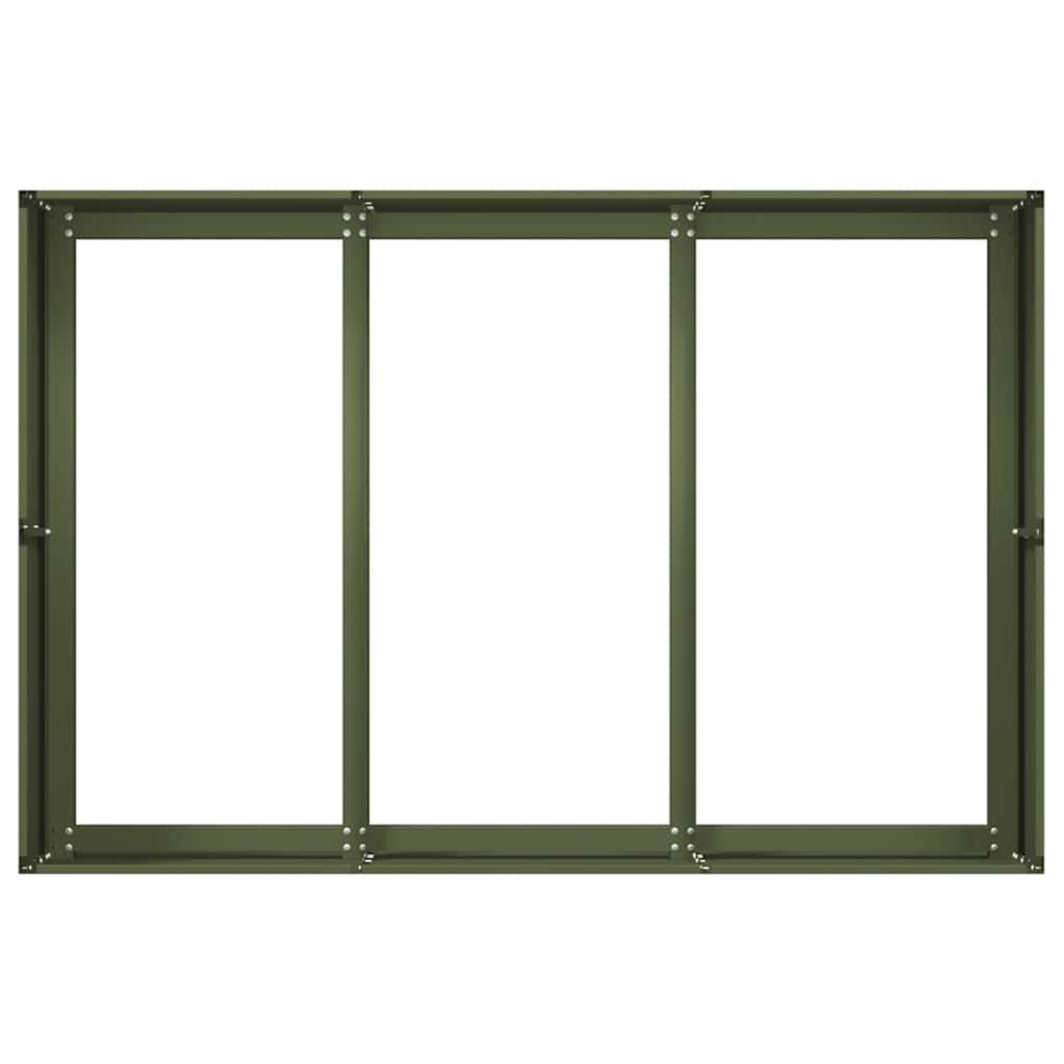 Un telaio rettangolare verde scuro con tre spazi rettangolari bianchi. Il telaio è in metallo e presenta viti visibili.