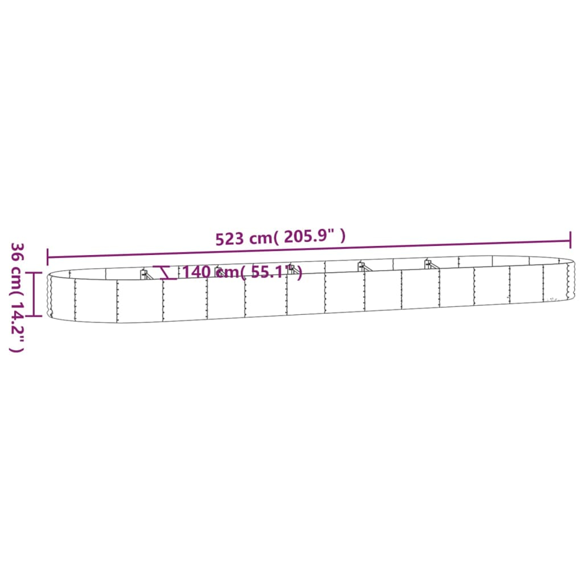 Diagramm eines langen, rechteckigen Objekts mit den Maßen: 523 cm lang, 36 cm hoch und 140 cm breit. Maße auch in Zoll.