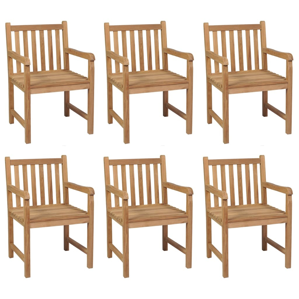 Sechs Holzstühle mit Armlehnen sind in zwei Reihen angeordnet. Die Stühle haben eine hellbraune Farbe und eine Lattenlehne und -sitz.