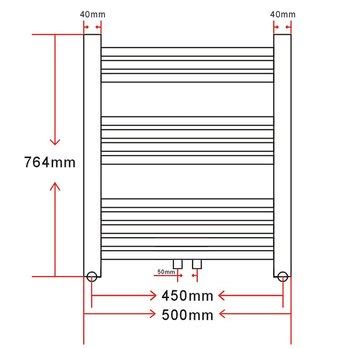 Diagramm eines Handtuchhalters mit Maßen. Gesamthöhe 764 mm, Breite 500 mm. Horizontale Stäbe sind gleichmäßig verteilt. Maße sind rot.