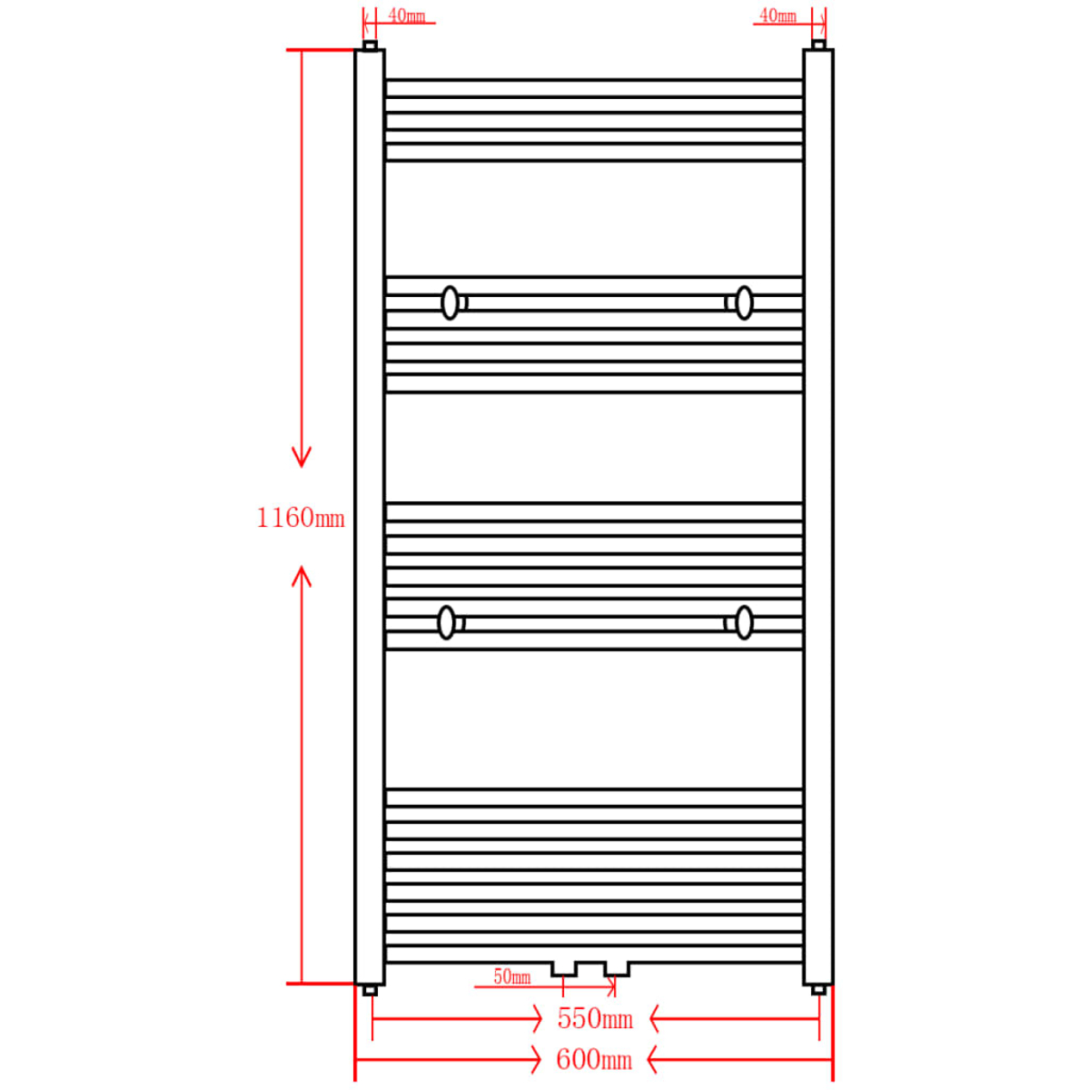 Schwarz-weißes Diagramm eines Handtuchhalters mit roten Abmessungen. Es ist 1160 mm hoch und 600 mm breit.