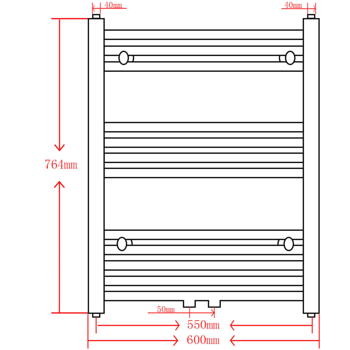 Diagramm eines rechteckigen Objekts mit Maßen. Vertikale Abmessung ist 764 mm. Horizontale Abmessungen sind 600 mm und 550 mm.