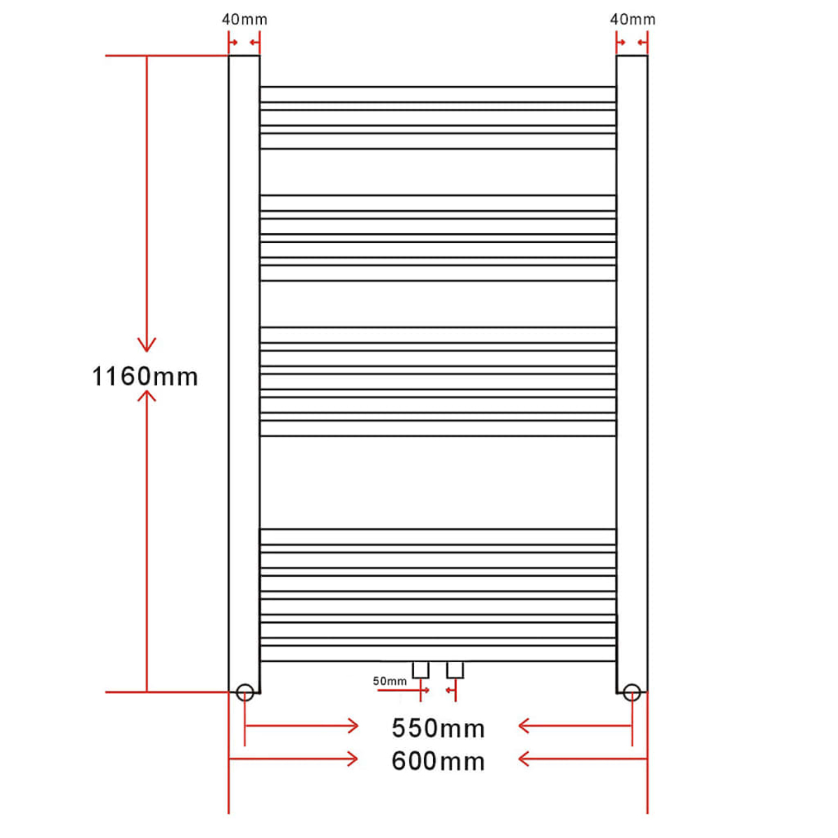 Diagramm eines Handtuchhalters mit den Maßen: 1160 mm Höhe, 600 mm Breite, 40 mm Schienenbreite, und 550 mm/600 mm zwischen Schienen.