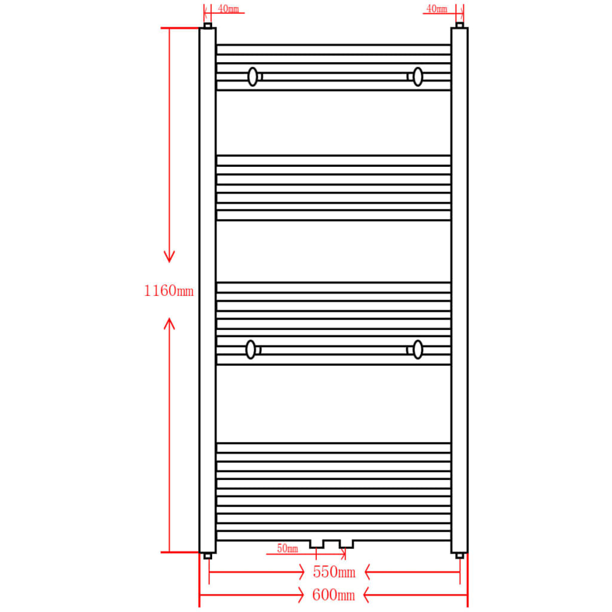 Diagramm eines Handtuchwärmers mit Maßen. Es zeigt horizontale Stangen, vertikale Stützen und Maße wie 1160 mm Höhe und 600 mm Breite.