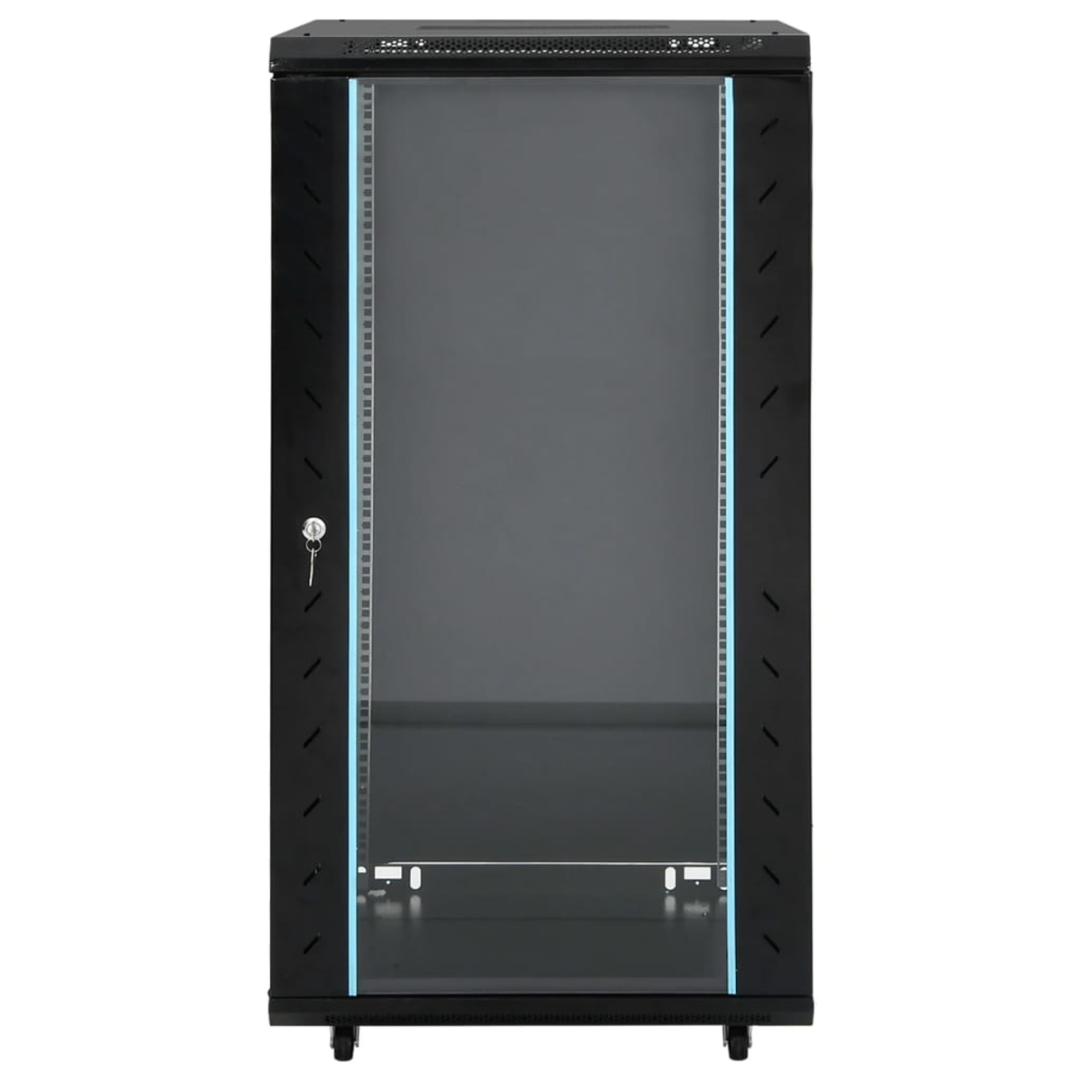 Ein schwarzer Serverschrank mit Glastür. Er hat ein Schlüsselschloss, Räder und Belüftungsöffnungen. Der Hintergrund ist weiß.
