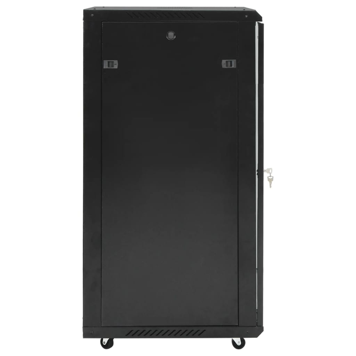 Ein schwarzer Serverschrank mit Schloss, Schlüssel und Belüftung. Er hat Räder für einfache Bewegung.