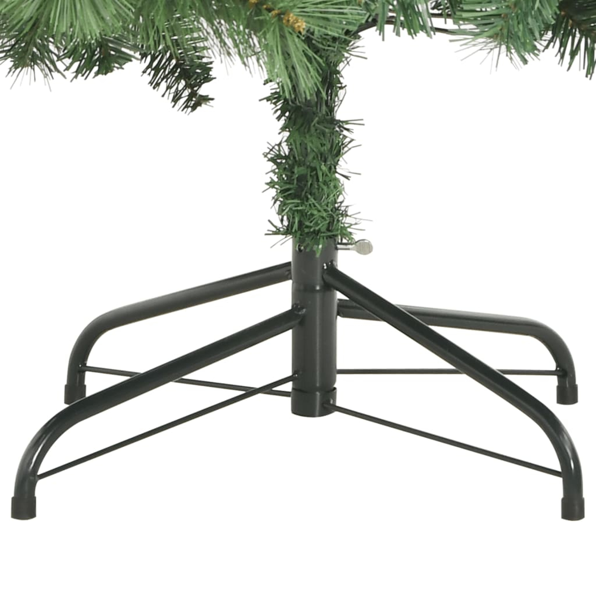 Ein Weihnachtsbaumständer mit einem schwarzen Metallrahmen. Grüne Nadeln sind sichtbar, mit weißem Hintergrund. Der Rahmen hat vier Beine.