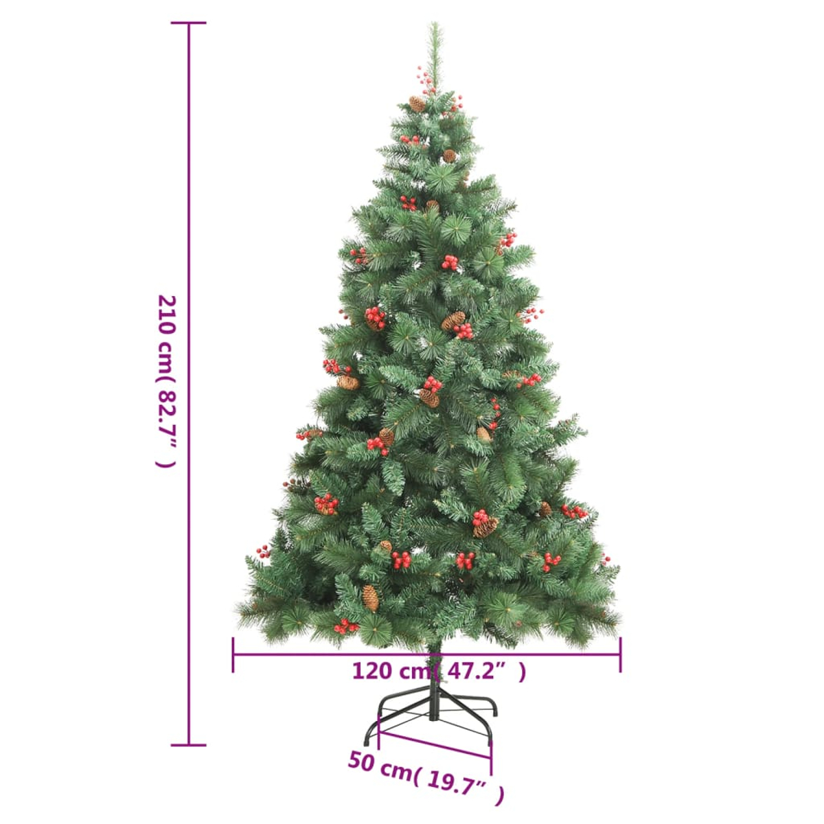 Künstlicher Weihnachtsbaum, grün mit roten Beeren und Tannenzapfen, Maße: 210 cm hoch, 120 cm breit, 50 cm Basis.