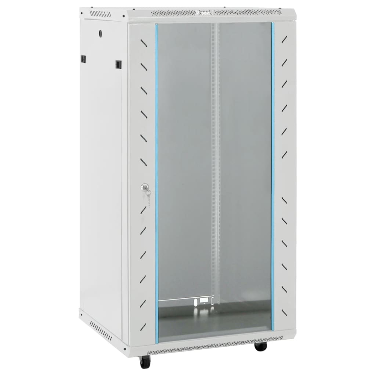 Ein weißer Serverschrank mit Glastür. Er hat ein Schlüsselschloss und Rollen am Boden. Blaue Akzente umrahmen das Glas.