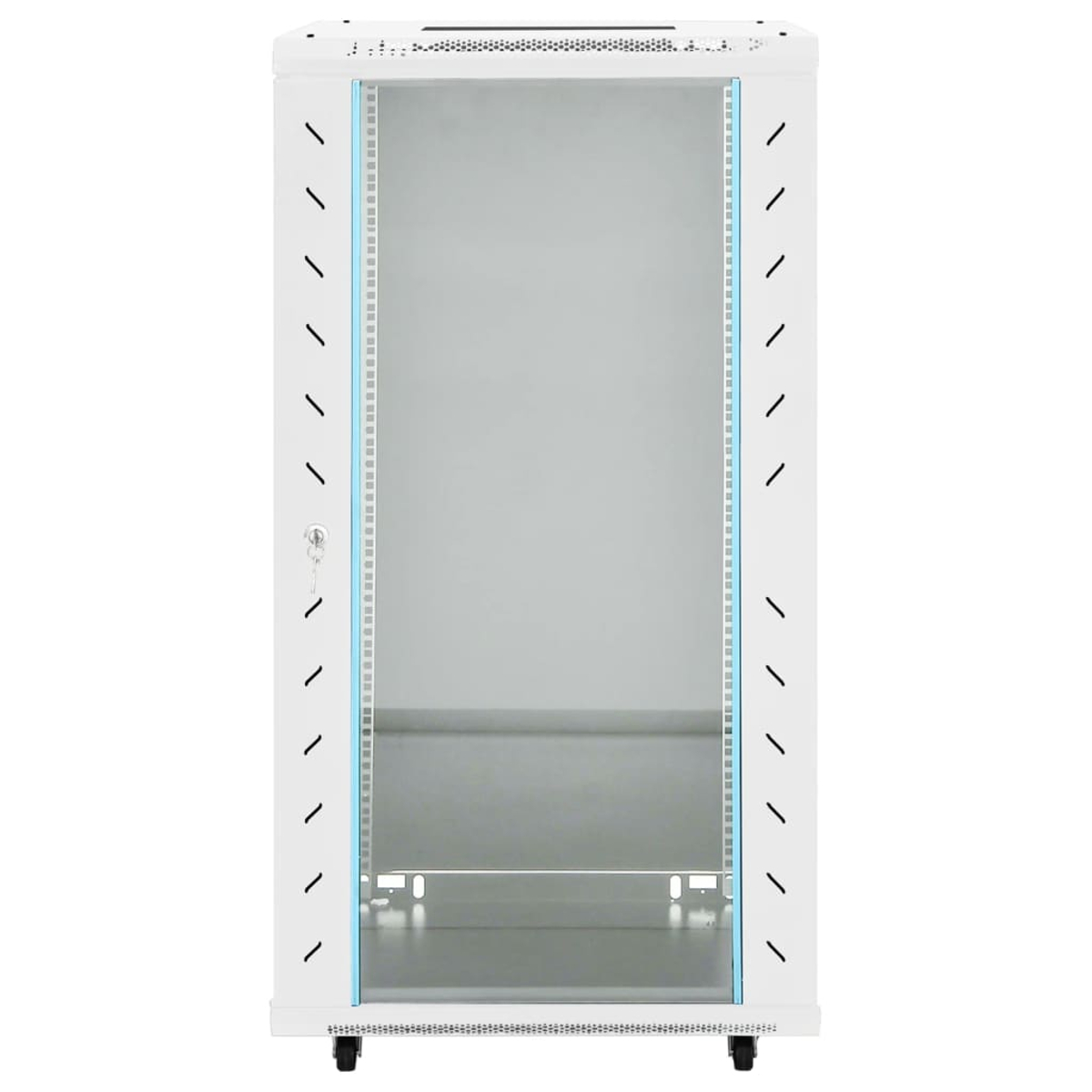 Ein weißer Serverschrank mit offener Tür. Der Schrank hat ein Schlüsselschloss und steht auf Rädern. Blaue Akzente sind sichtbar.