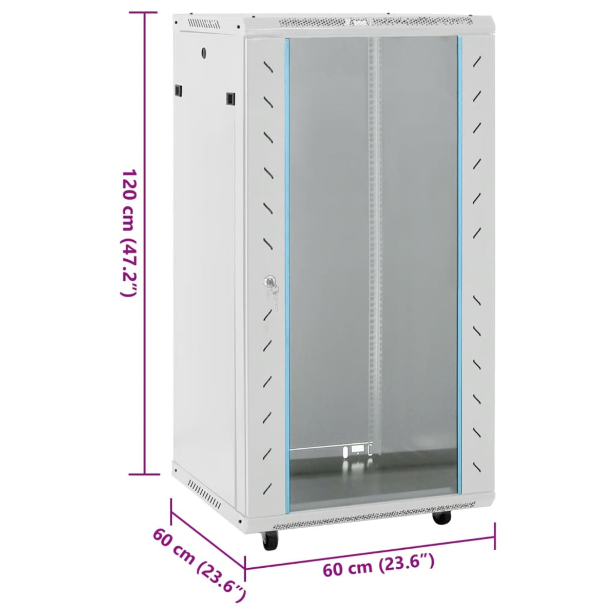 Ein weißer Serverschrank mit Glastür, Maße angegeben. Er steht auf Rollen und hat ein Schlüsselschloss.