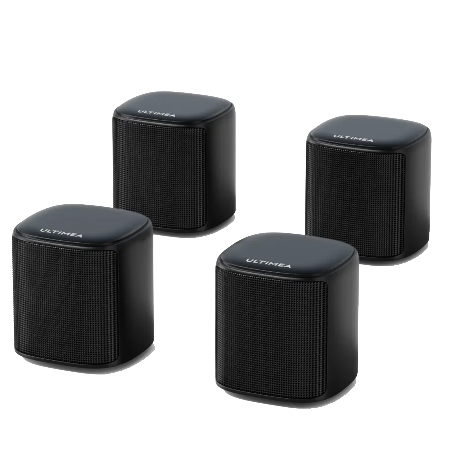 Four black speakers with rounded tops and mesh fronts are arranged against a white background. Each has the 'ULTIMEA' logo.