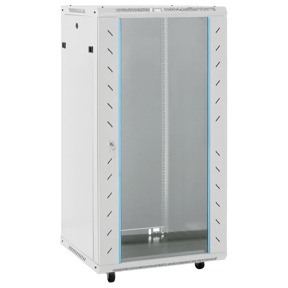 Ein weißer Serverschrank mit Glastür und blauen Akzenten. Er hat ein Schlüsselschloss, Belüftung und steht auf Rollen.