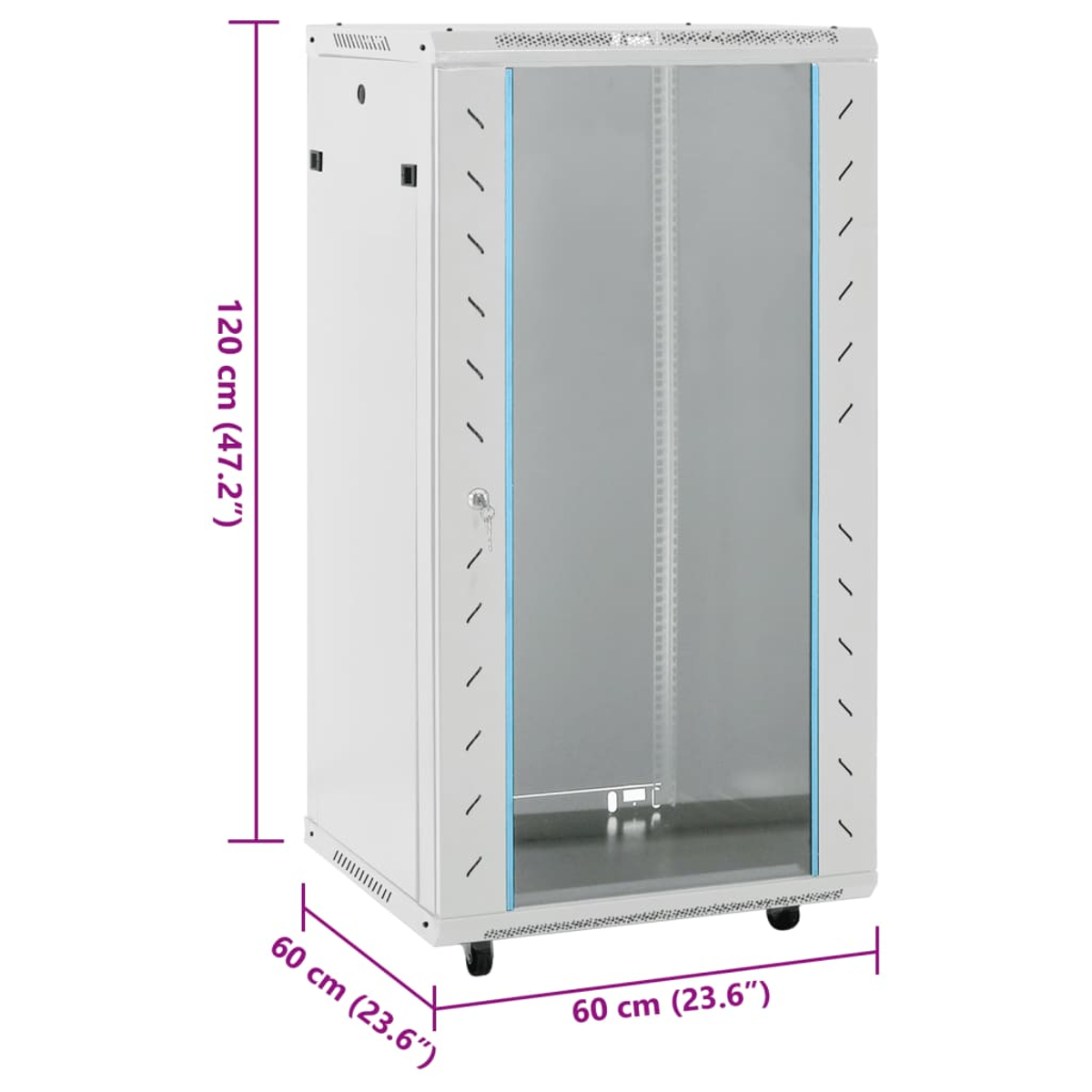 Ein weißes Serverrack mit Glastür. Die Abmessungen sind mit 120 cm (47,2") Höhe und 60 cm (23,6") Breite angegeben.