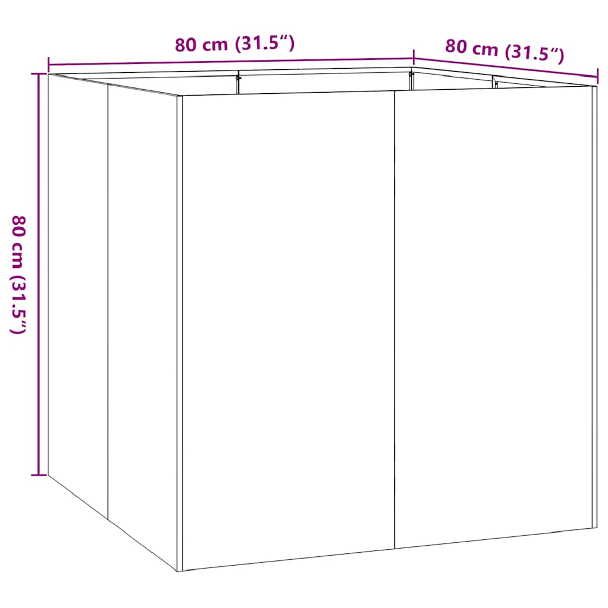 Un'illustrazione di un cubo, con dimensioni di 80 cm (31,5"). Il cubo è bianco, con linee nere che lo delineano.