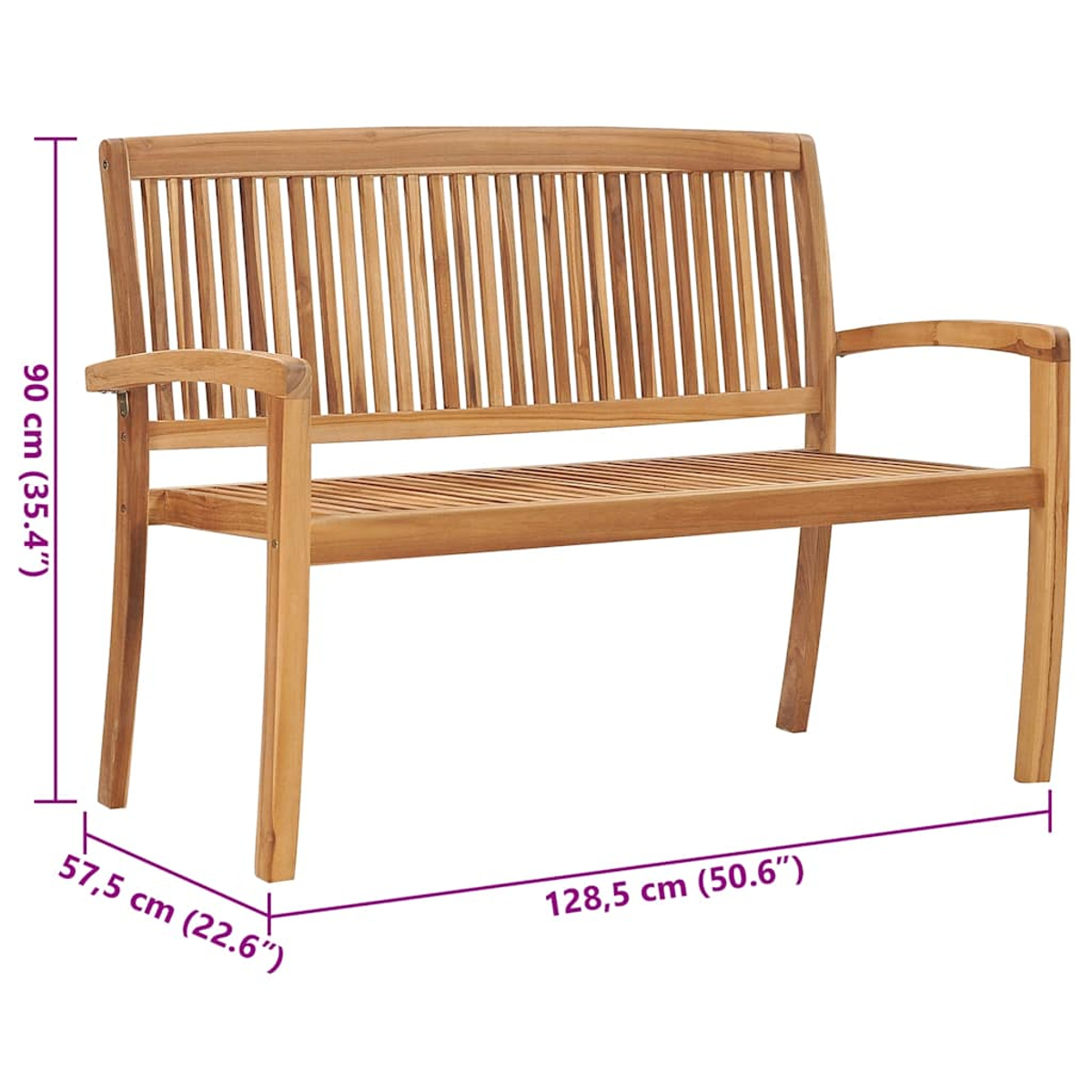 Eine Holzbank mit Abmessungen. Die Bank hat eine Rückenlehne und Armlehnen. Die Abmessungen sind 90 cm hoch, 128,5 cm lang und 57,5 cm breit.