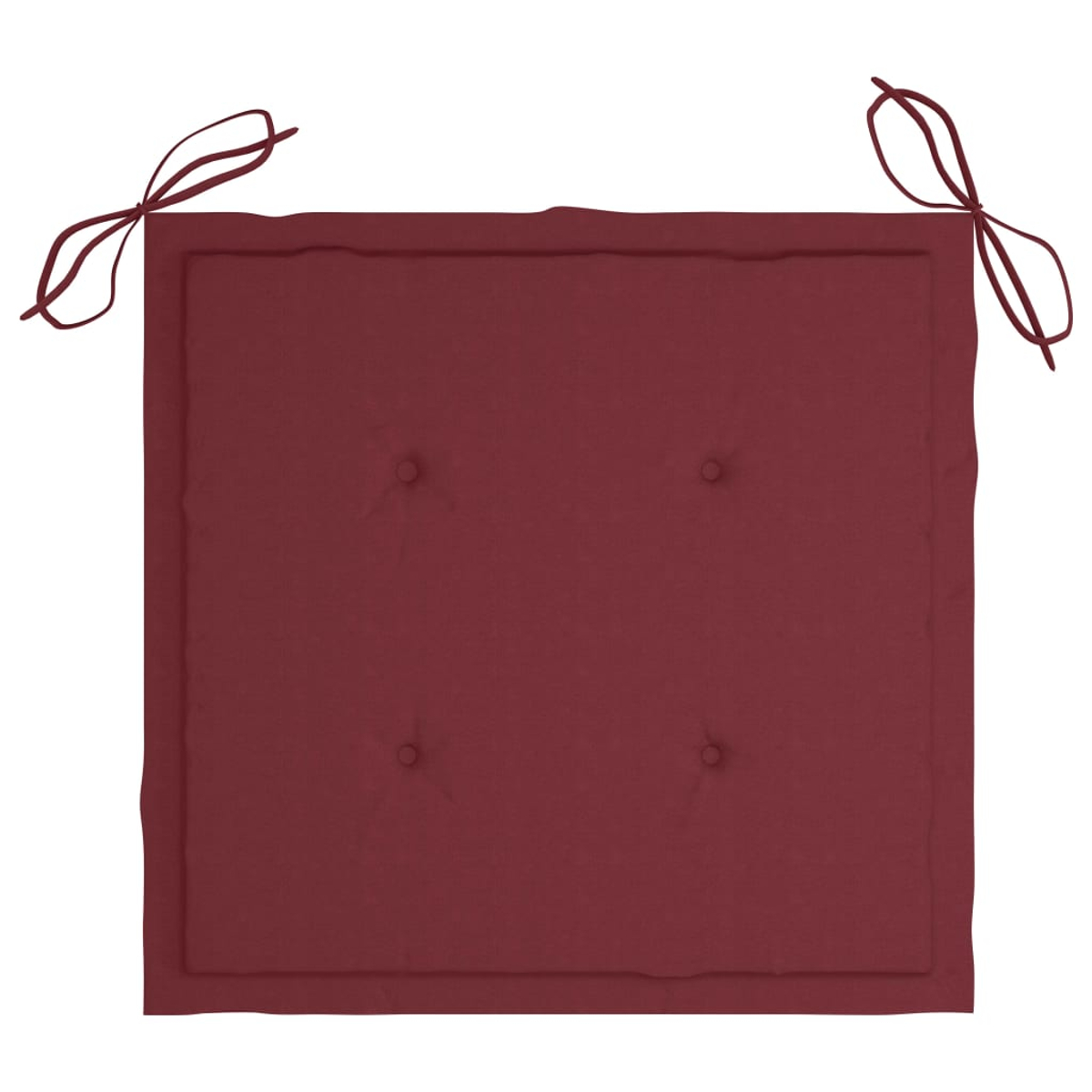 Ein quadratisches, weinrotes Kissen mit vier Knöpfen und Bindebändern in den Ecken. Der Hintergrund ist weiß.