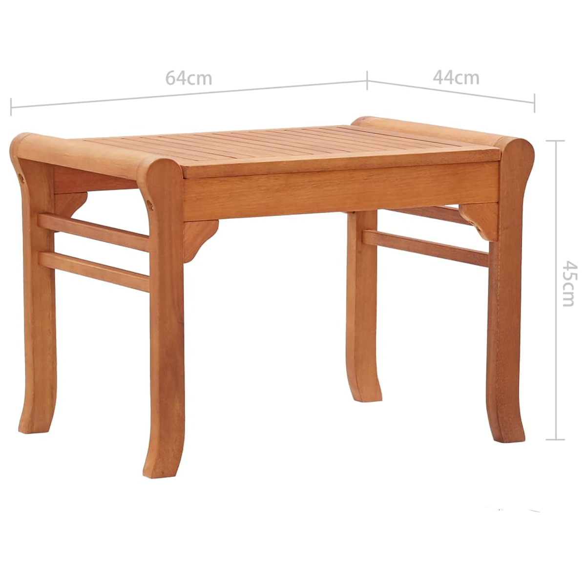 Eine Holzbank mit gebogenen Beinen. Die Maße sind 64 cm lang, 44 cm breit und 45 cm hoch.