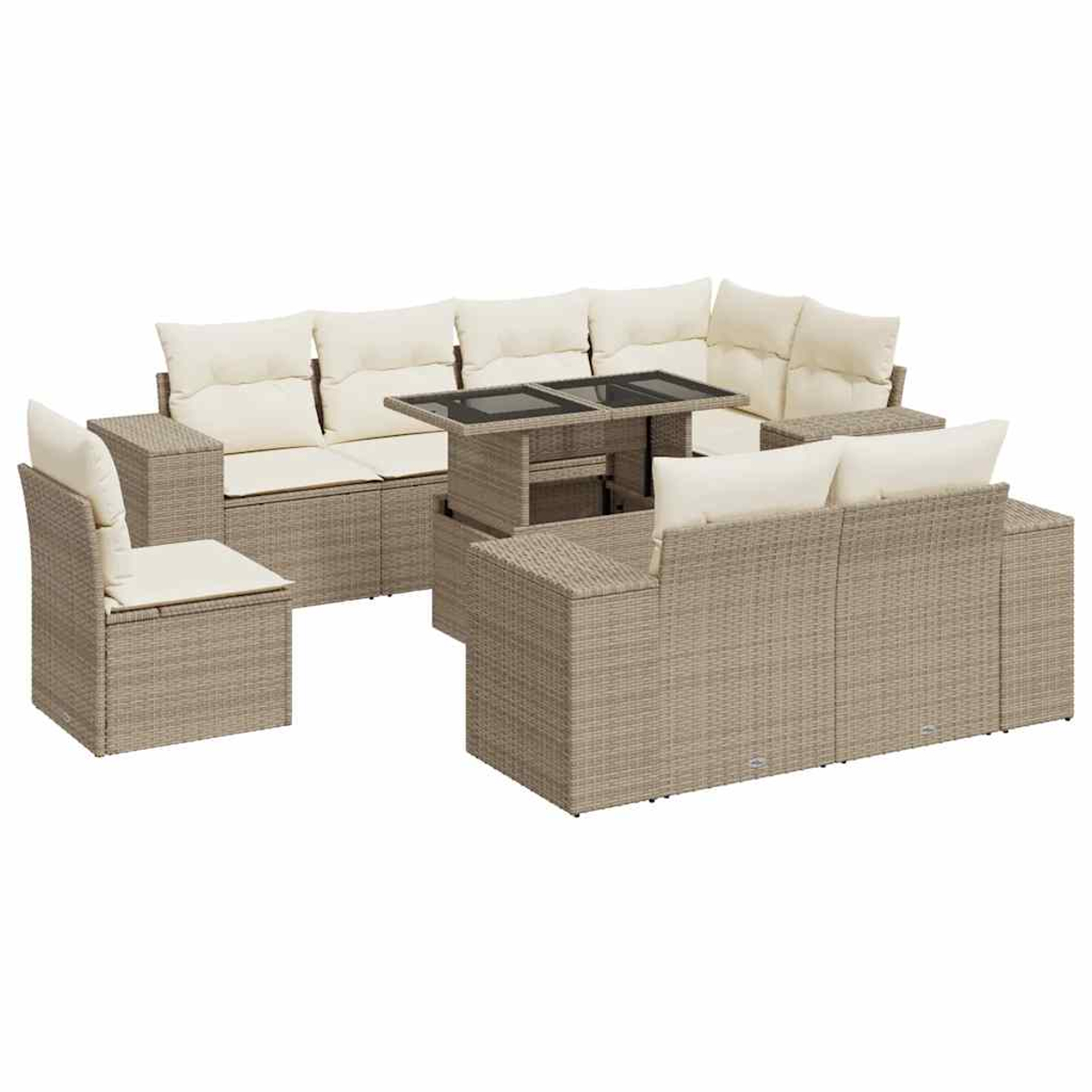 Set di mobili da giardino in rattan con cuscini beige. Include un divano angolare, sedie e un tavolo con piano in vetro.