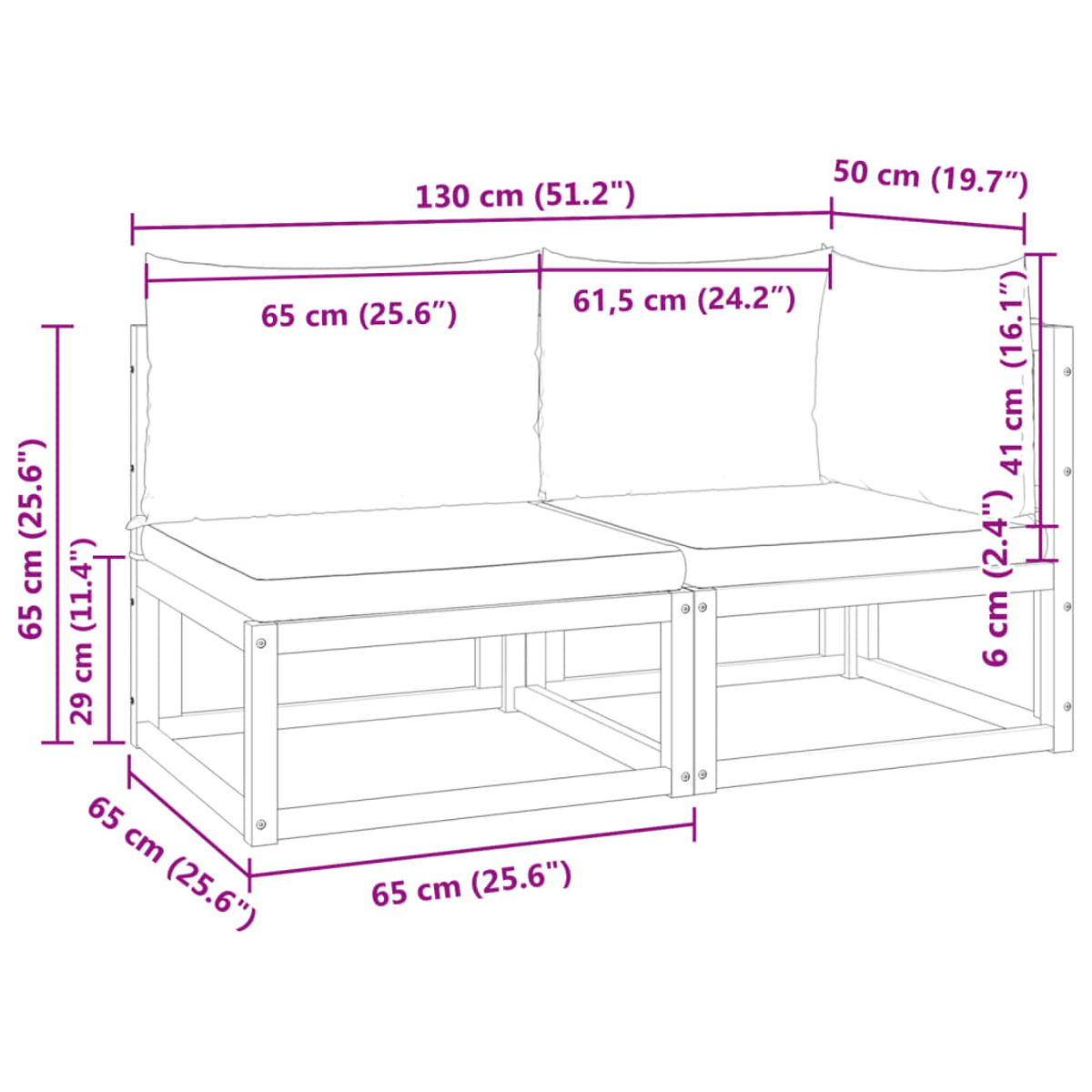 Diagramm eines Holzsofas für zwei Personen mit Abmessungen in Zentimetern und Zoll. Maße umfassen Länge, Breite und Höhe.
