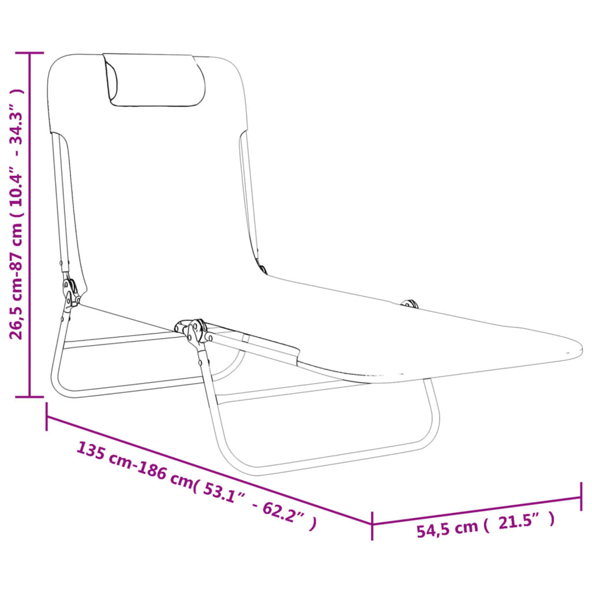 Strichzeichnung eines Klapp-Strandstuhls mit Abmessungen in Zentimetern und Zoll. Zeigt Länge, Breite und Höhe des Stuhls.