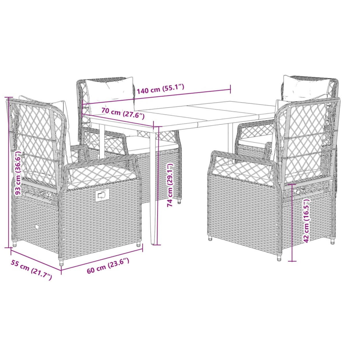 Diagramma di un tavolo in rattan e quattro sedie. Le dimensioni sono indicate in centimetri e pollici. Il tavolo è rettangolare.