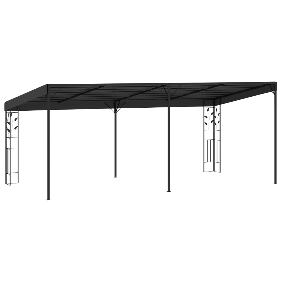 Eine schwarze Metallpergola steht vor weißem Hintergrund. Sie hat ein rechteckiges Dach und dekorative Blätter an den Pfosten.