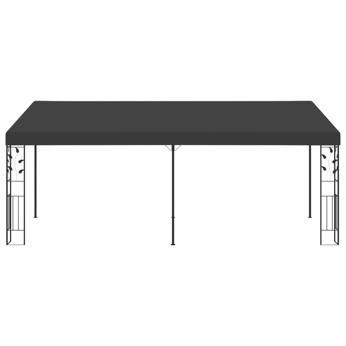 Ein rechteckiger, grauer Pavillon mit schwarzem Metallgestell. Die Seiten haben dekorative Blattmuster.
