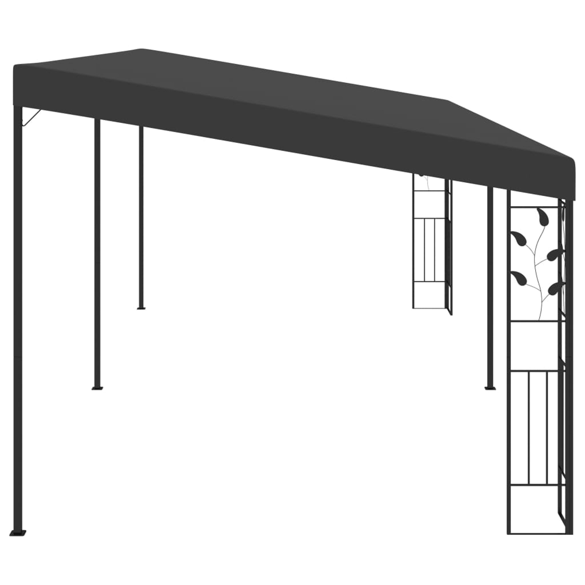 Schwarzer Metallpavillon mit schrägem Dach. Stützen sind schwarze Pfosten. Dekoratives Blattdesign an den Seitenstützen. Weißer Hintergrund.