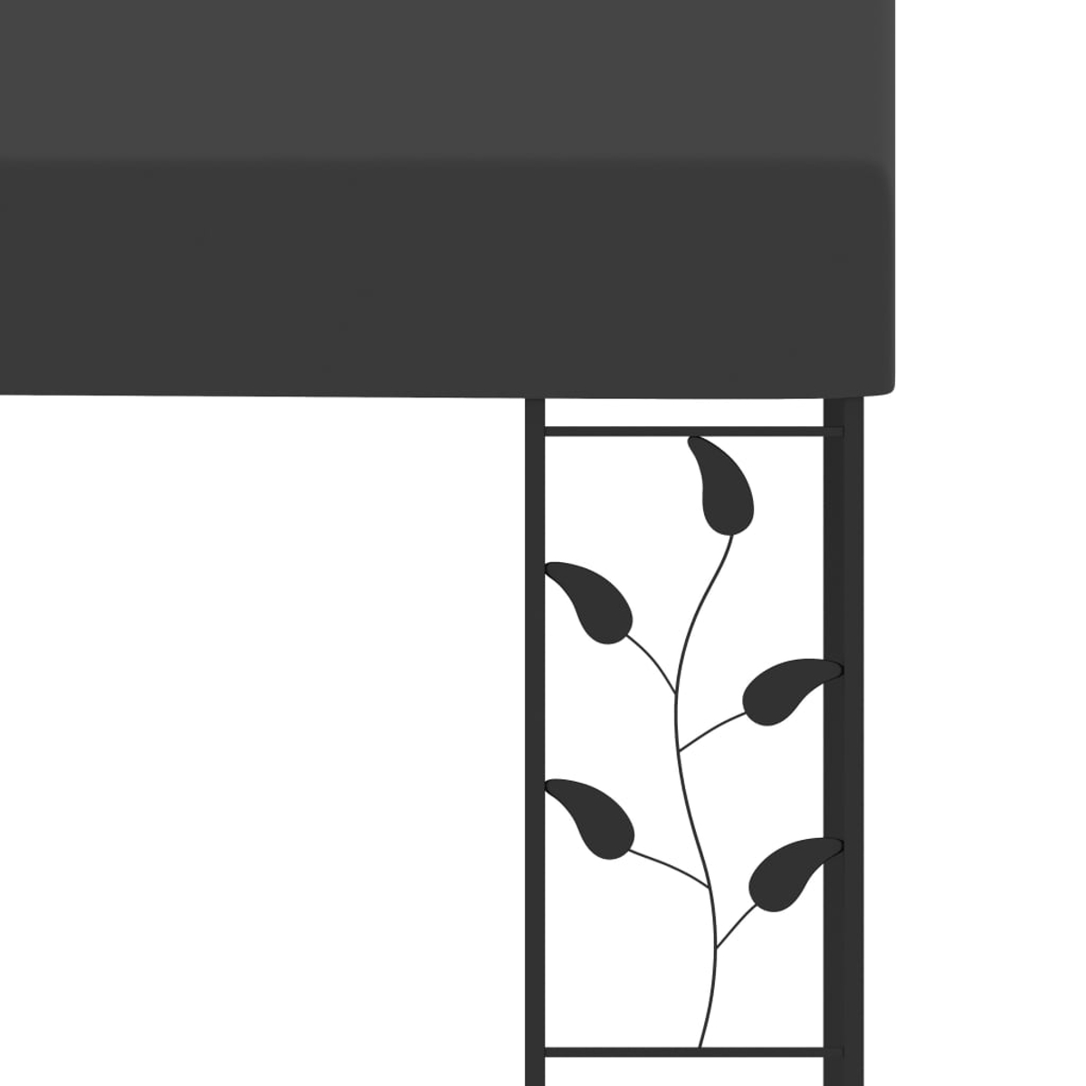 Eine schwarze Metallstruktur mit einem Blattdesign. Das Bild hat einen weißen Hintergrund. Oben befindet sich ein rechteckiger Block.