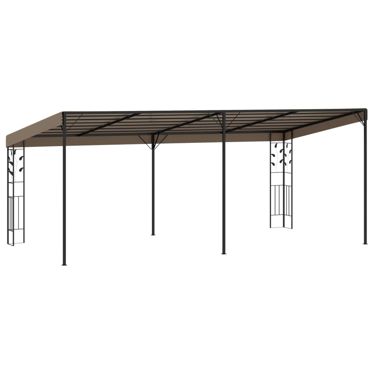 Eine braune Metallpergola mit schwarzen Stützsäulen und dekorativen Blättern an den Seiten. Beigefarbene Überdachung, weißer Hintergrund.