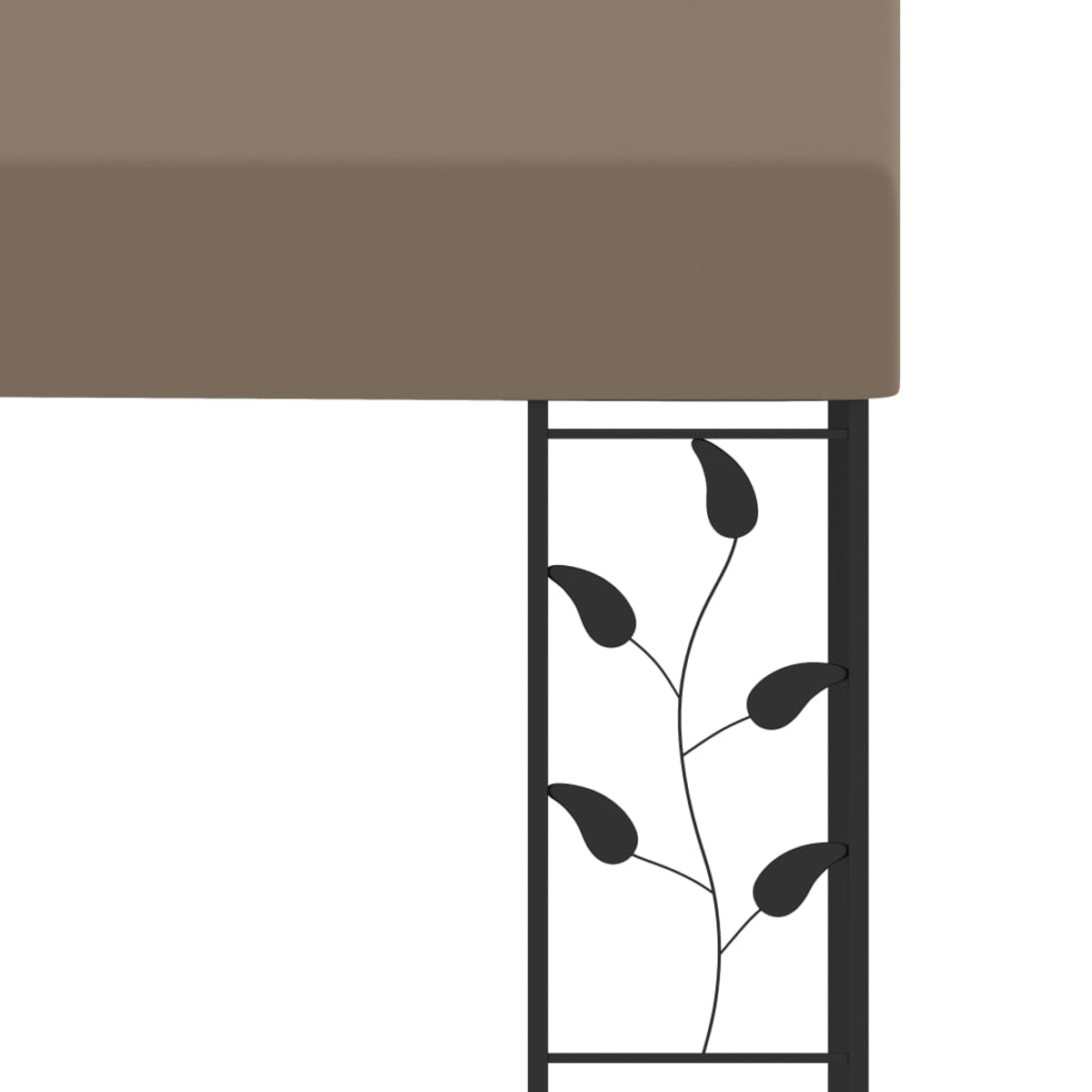 Eine braune Oberfläche überragt eine schwarze Metallstruktur mit Blättern. Der Hintergrund ist weiß.