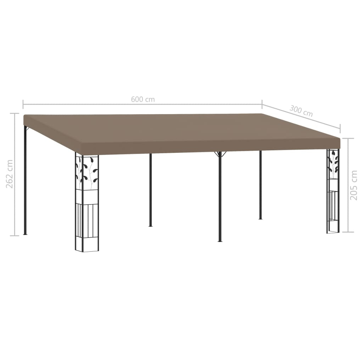 Ein brauner rechteckiger Pavillon mit schwarzen Stützen. Abmessungen: 600 cm x 300 cm und 262 cm x 205 cm.