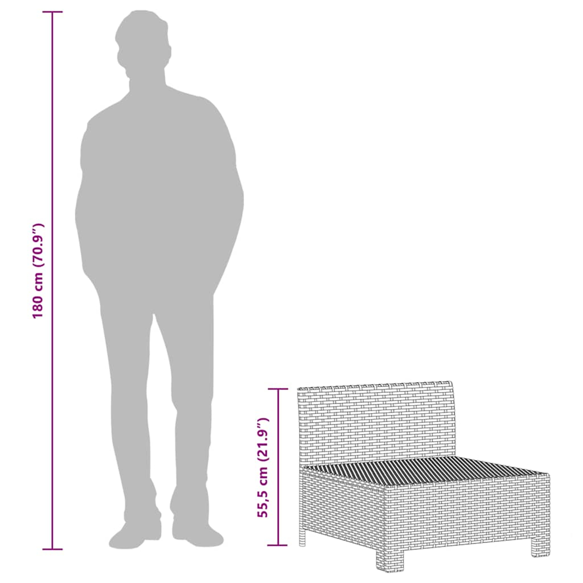Eine Person Silhouette steht neben einem Rattanstuhl mit Abmessungen. Die Person ist 180 cm groß. Der Stuhl ist 55,5 cm hoch.