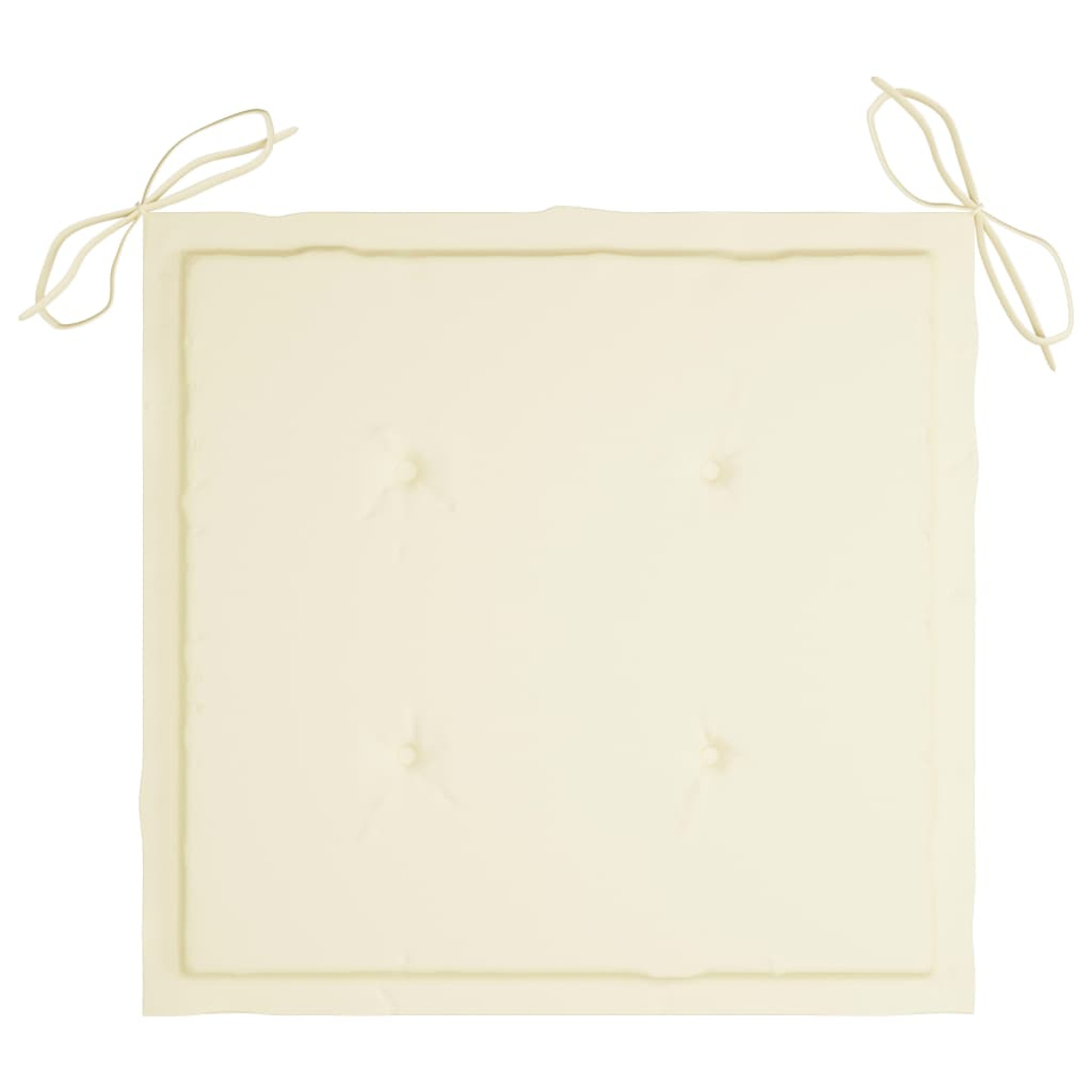Ein quadratisches, cremefarbenes Kissen mit Knopfdetails. Zwei cremefarbene Bindebänder an den oberen Ecken.